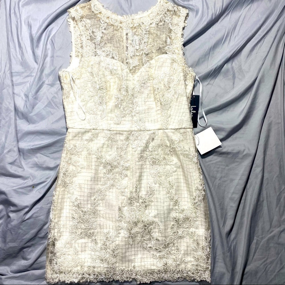 Lulu’s‎ White Floral Embroidered Sheer/White Underlay Formal Mini Dress NWT L